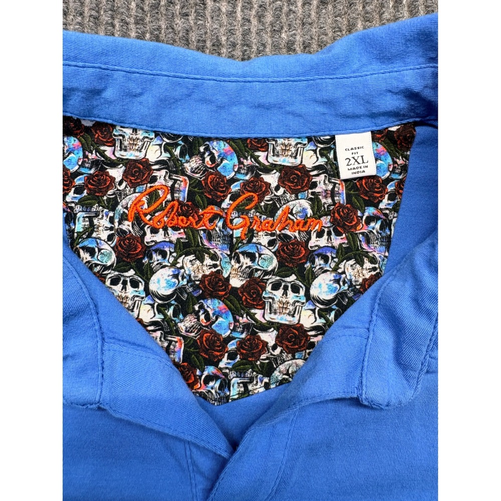 Robert Graham Mens 2XL Blue Skull Rose Floral Trim Short Sleeve Polo Shirt - Picture 4 of 8
